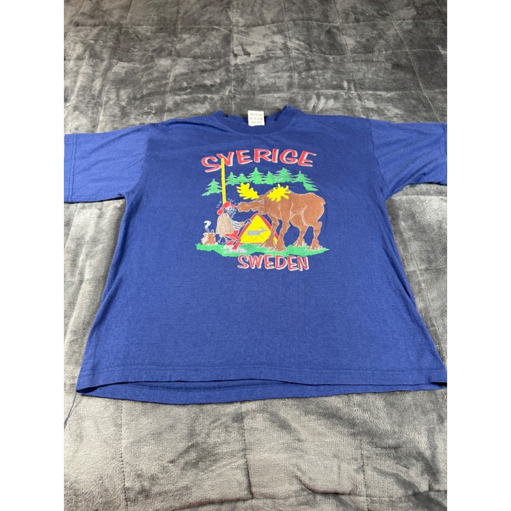 Vintage Sverige Sweden‎ Moose Graphic T Shirt Kids Size 158/164 Blue